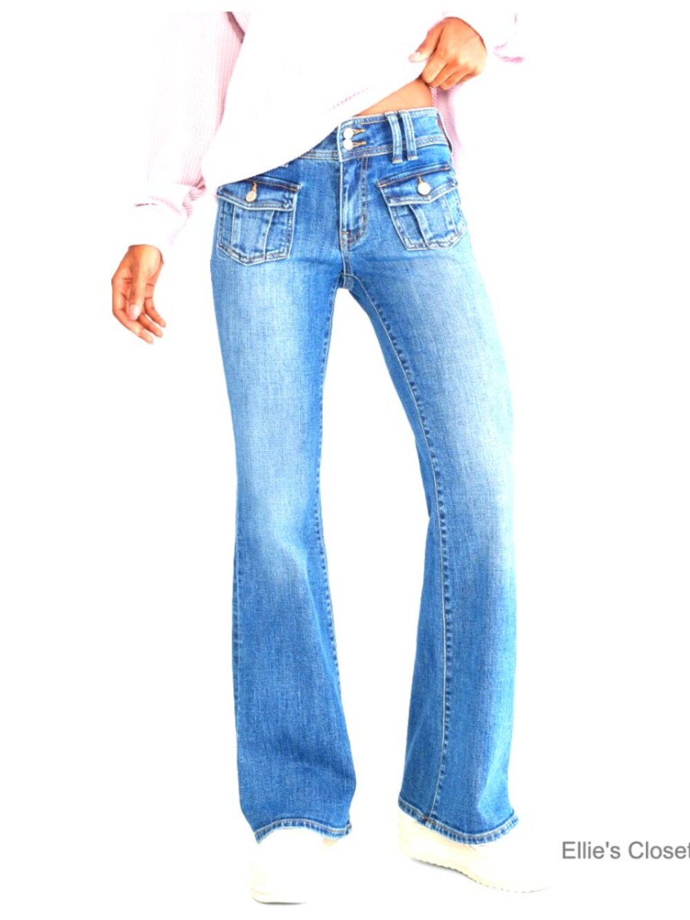 Low Rise Flare Jean with Pleated Front Pockets, Recycled Cotton Blend